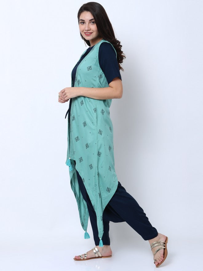 Women Teal Mint Ethnic Motifs Printed A-Line Kurta with Trouser & Jacket - Teal - Image 2