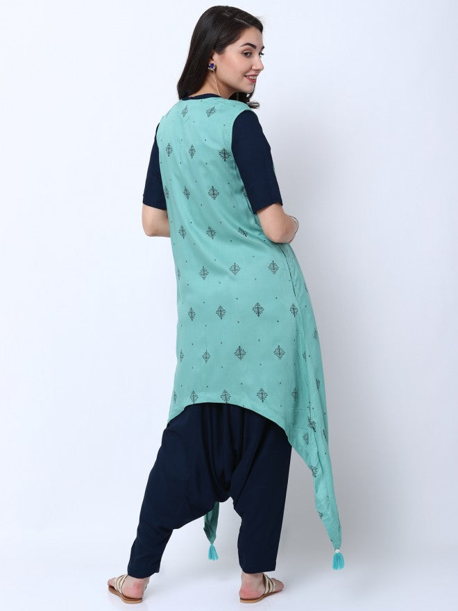 Women Teal Mint Ethnic Motifs Printed A-Line Kurta with Trouser & Jacket - Teal - Image 3