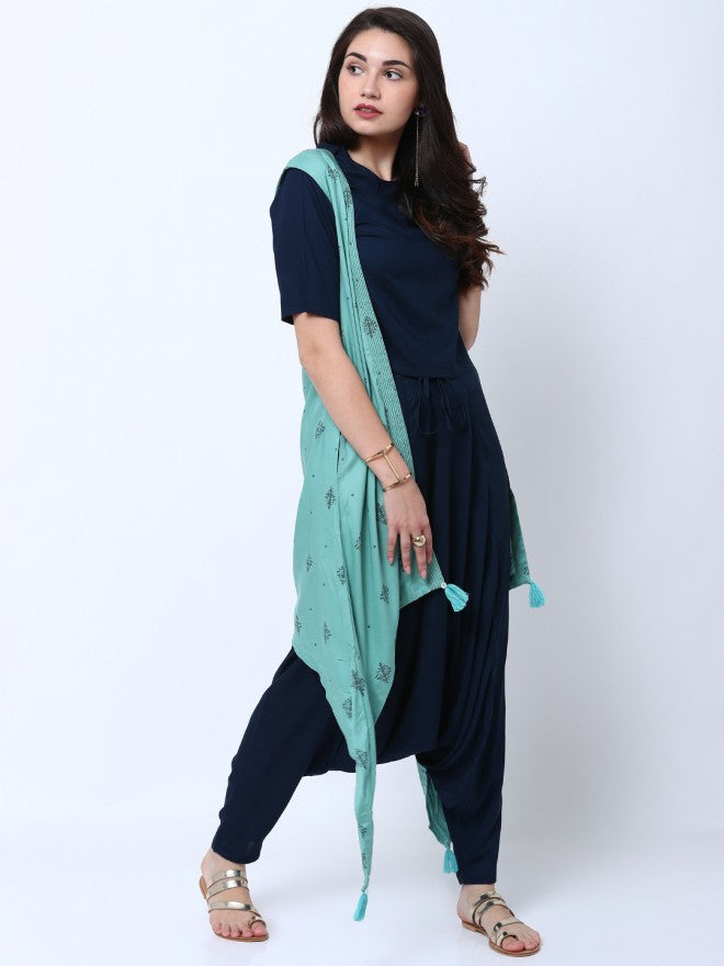 Women Teal Mint Ethnic Motifs Printed A-Line Kurta with Trouser & Jacket - Teal - Image 4