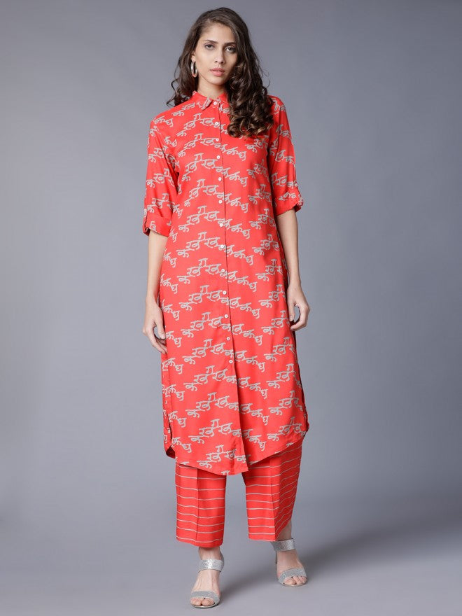 Women Orange & Grey Abstract Printed Straight Kurta with Palazzo - Orange - Image 1