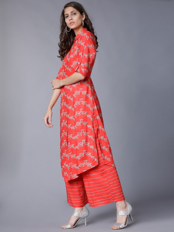 Women Orange & Grey Abstract Printed Straight Kurta with Palazzo - Orange - Image 2