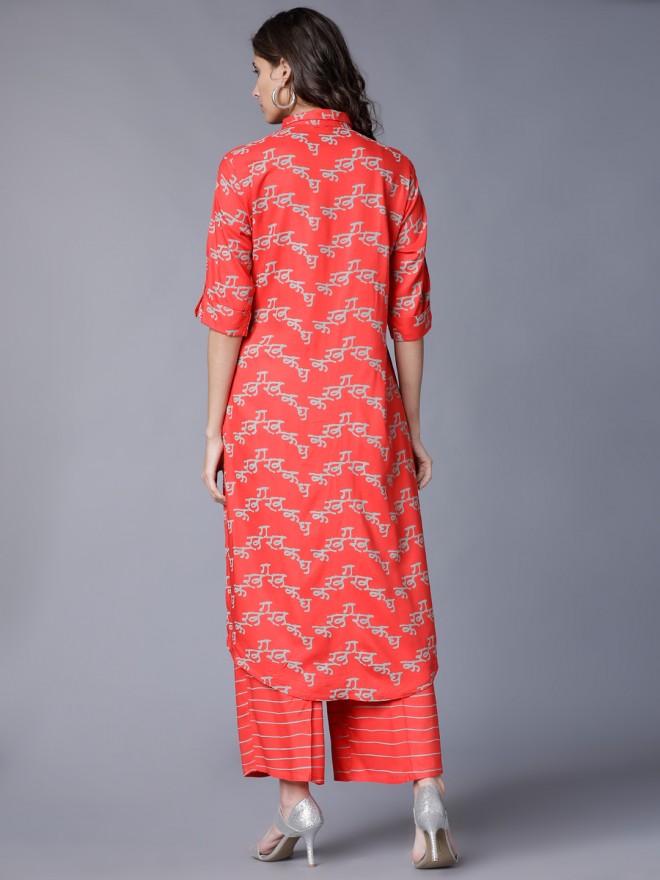 Women Orange & Grey Abstract Printed Straight Kurta with Palazzo - Orange - Image 3