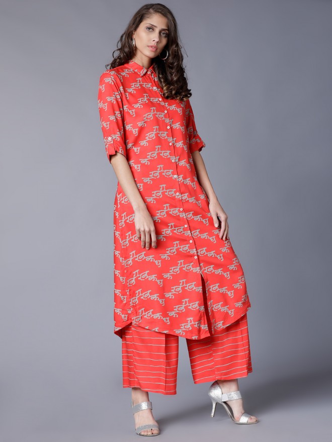 Women Orange & Grey Abstract Printed Straight Kurta with Palazzo - Orange - Image 4