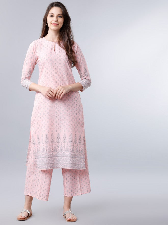 Women Light Pink & Off White Ethnic Motifs Printed Straight Kurta with Palazzo - Pink - Image 1