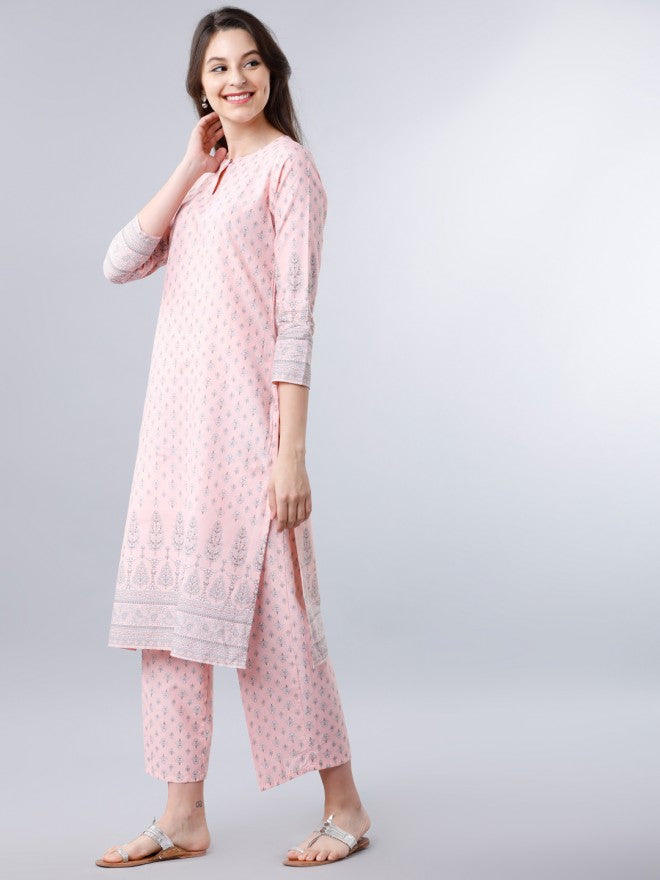Women Light Pink & Off White Ethnic Motifs Printed Straight Kurta with Palazzo - Pink - Image 2