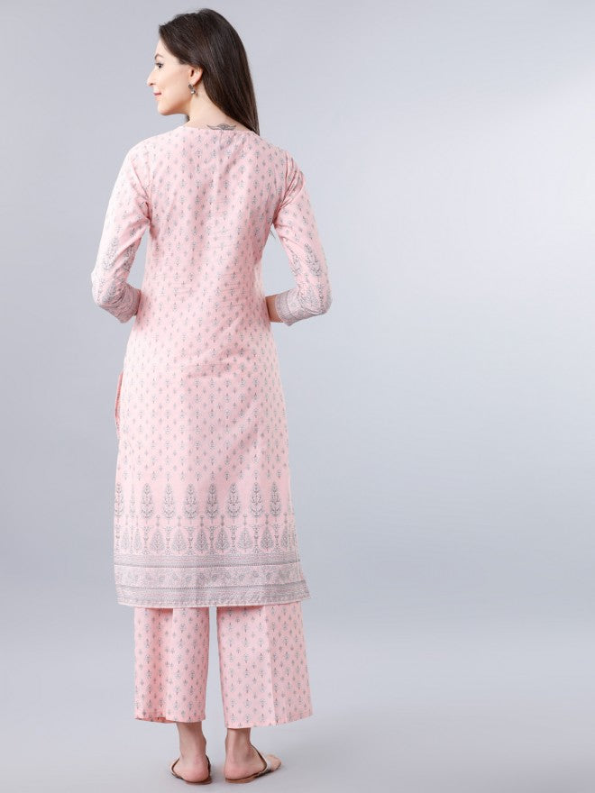 Women Light Pink & Off White Ethnic Motifs Printed Straight Kurta with Palazzo - Pink - Image 3