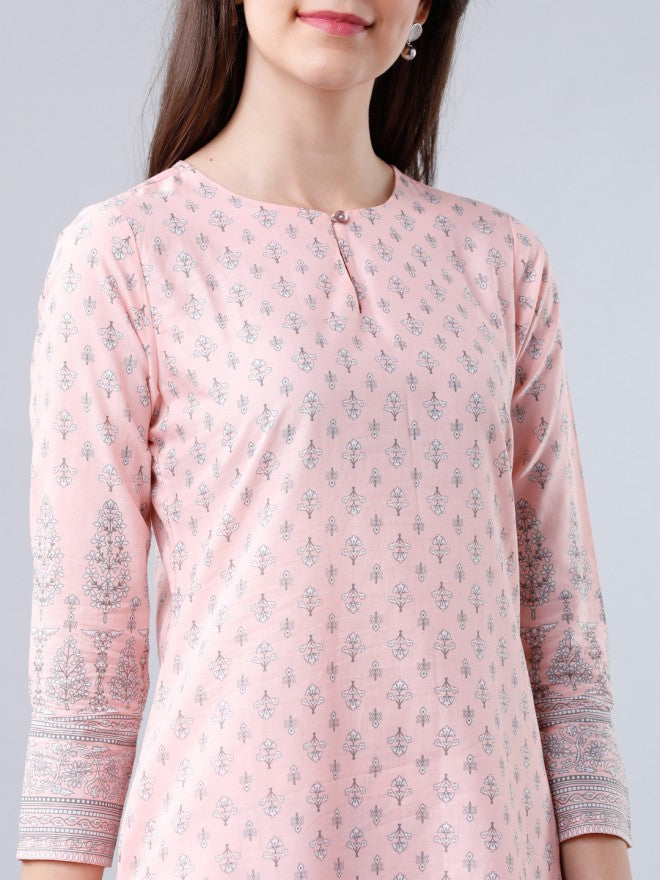 Women Light Pink & Off White Ethnic Motifs Printed Straight Kurta with Palazzo - Pink - Image 4