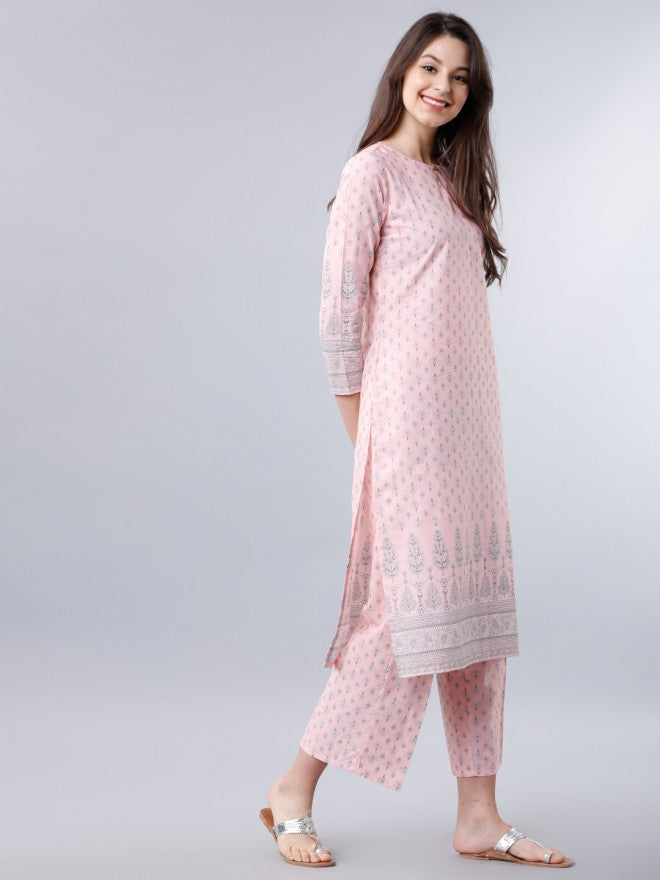 Women Light Pink & Off White Ethnic Motifs Printed Straight Kurta with Palazzo - Pink - Image 5