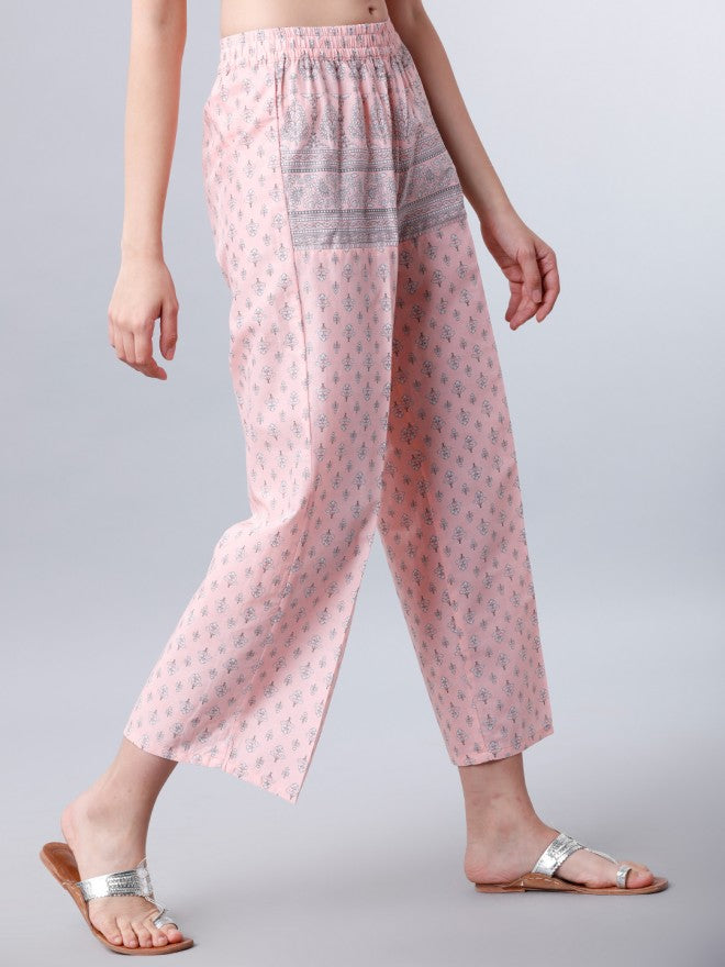 Women Light Pink & Off White Ethnic Motifs Printed Straight Kurta with Palazzo - Pink - Image 6