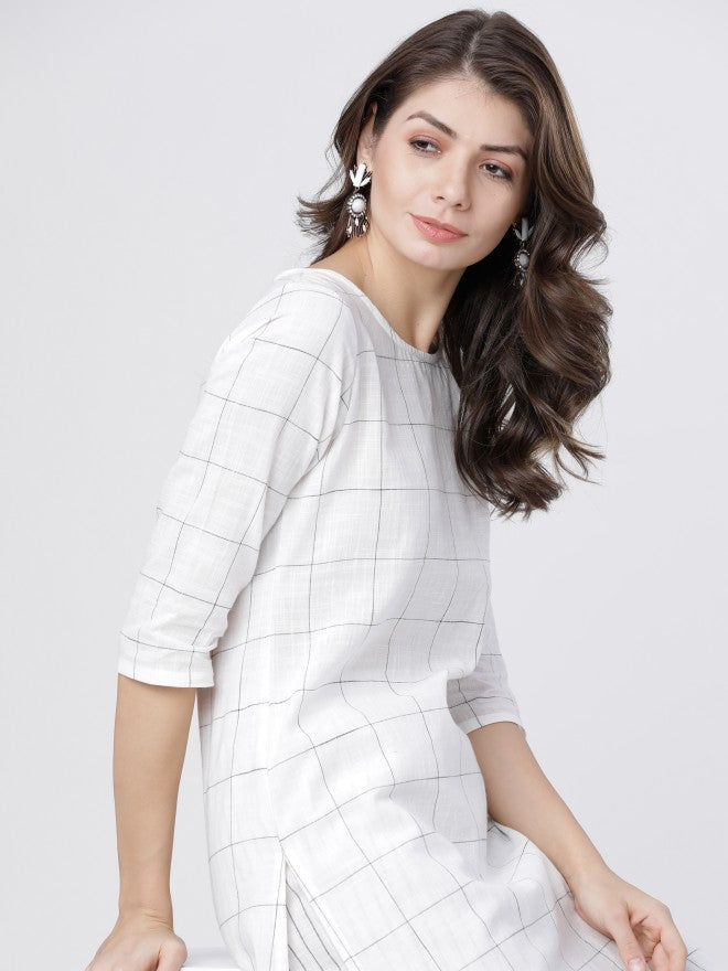 Women Off White & Black Checked Straight Kurta with Palazzo & Dupatta - Off White - Image 10