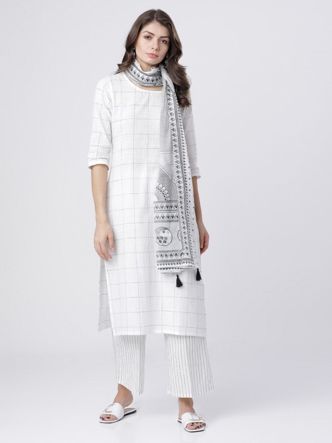 Women Off White & Black Checked Straight Kurta with Palazzo & Dupatta - Off White - Image 1
