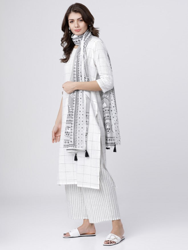 Women Off White & Black Checked Straight Kurta with Palazzo & Dupatta - Off White - Image 2