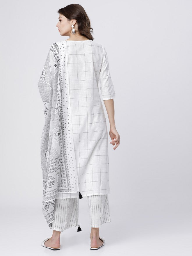 Women Off White & Black Checked Straight Kurta with Palazzo & Dupatta - Off White - Image 3