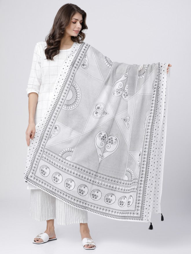 Women Off White & Black Checked Straight Kurta with Palazzo & Dupatta - Off White - Image 5