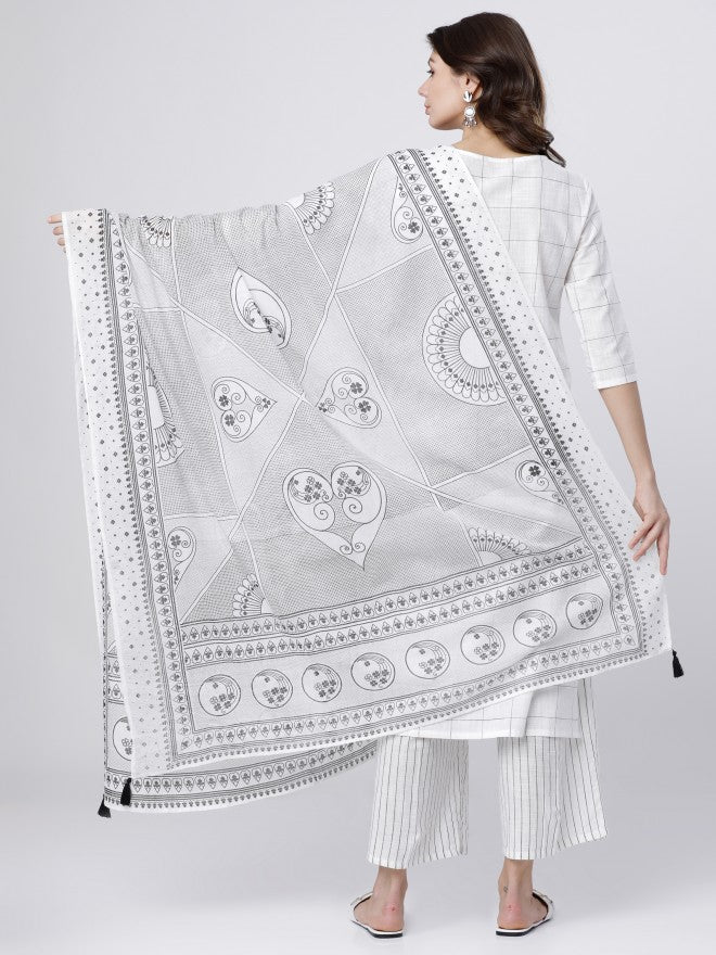 Women Off White & Black Checked Straight Kurta with Palazzo & Dupatta - Off White - Image 6