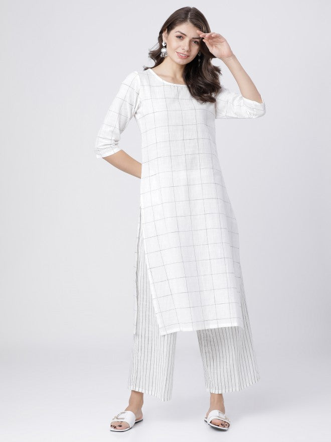 Women Off White & Black Checked Straight Kurta with Palazzo & Dupatta - Off White - Image 7