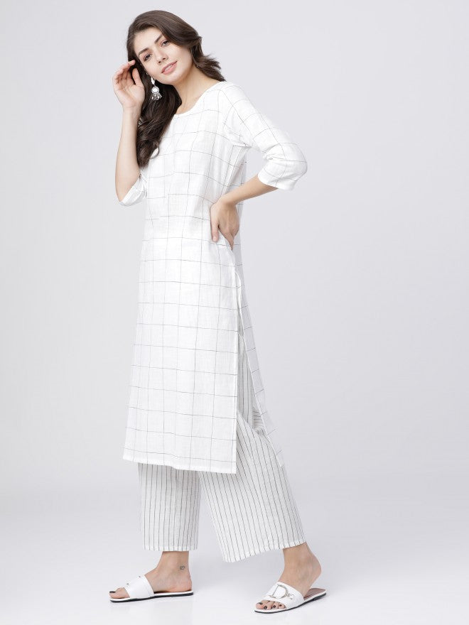 Women Off White & Black Checked Straight Kurta with Palazzo & Dupatta - Off White - Image 8