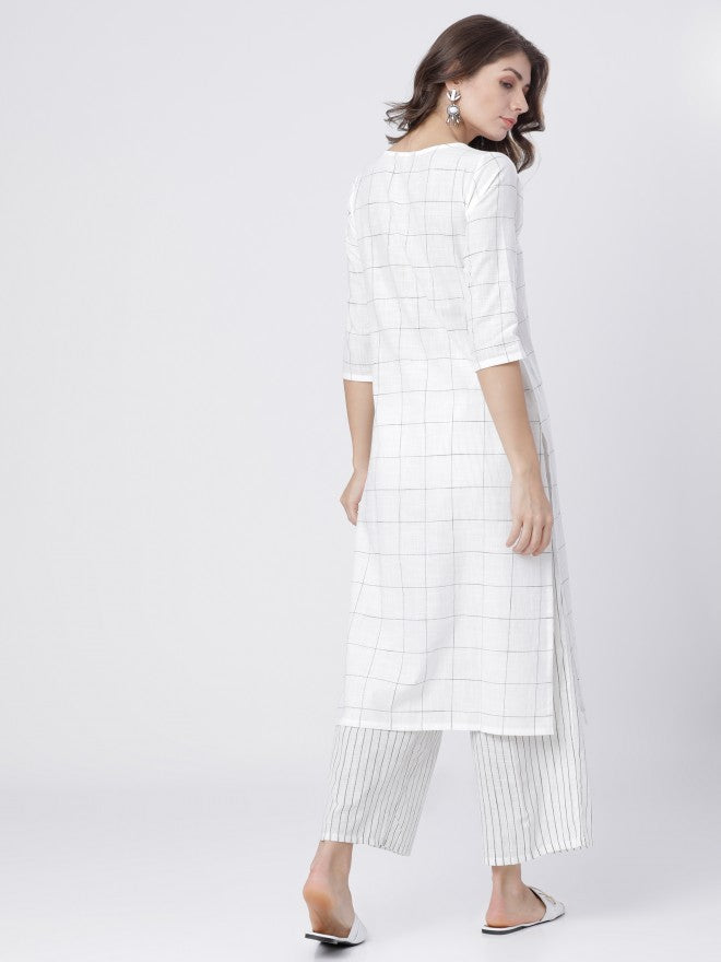 Women Off White & Black Checked Straight Kurta with Palazzo & Dupatta - Off White - Image 9