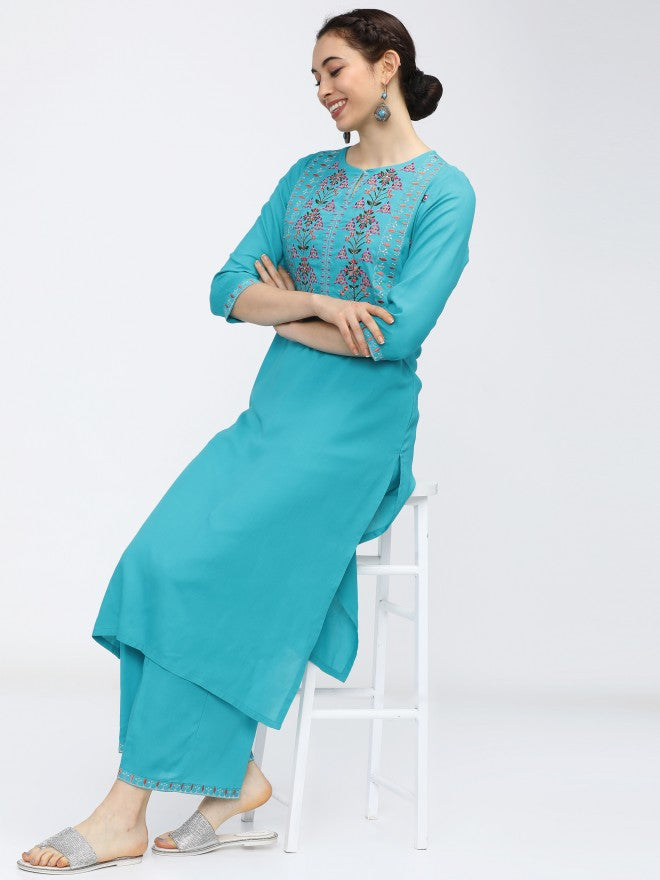 Women Turquoise Ethnic Motifs Printed Straight Kurta with Palazzo - Blue - Image 1