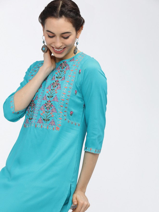 Women Turquoise Ethnic Motifs Printed Straight Kurta with Palazzo - Blue - Image 2