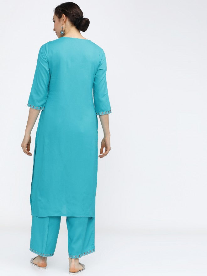 Women Turquoise Ethnic Motifs Printed Straight Kurta with Palazzo - Blue - Image 3