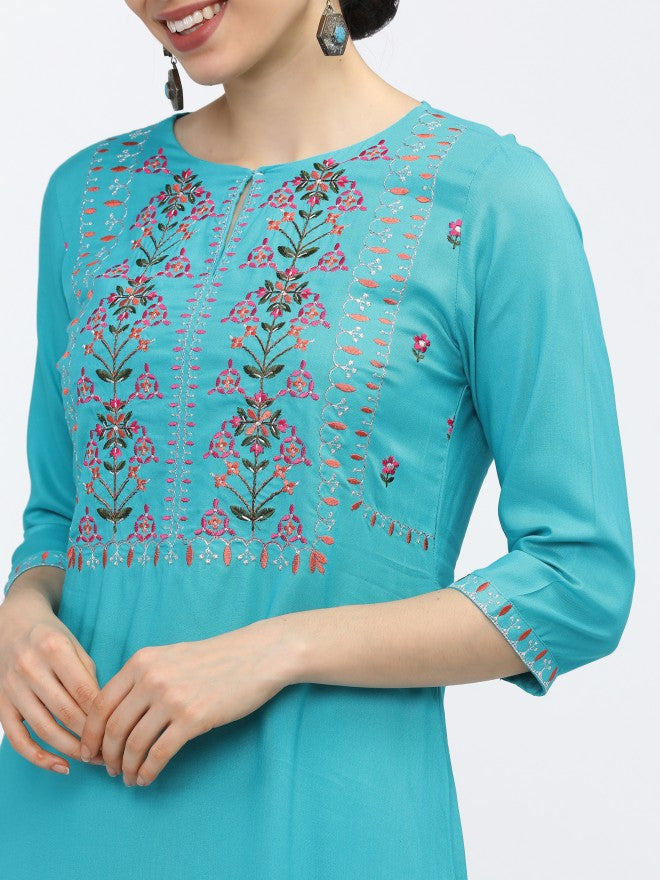 Women Turquoise Ethnic Motifs Printed Straight Kurta with Palazzo - Blue - Image 4