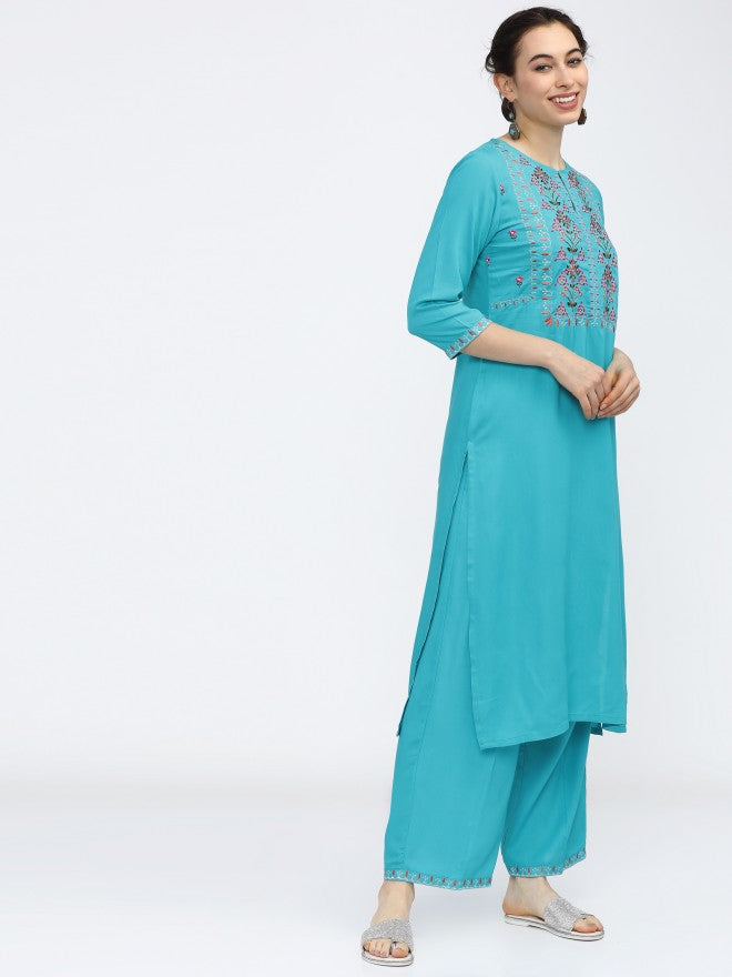 Women Turquoise Ethnic Motifs Printed Straight Kurta with Palazzo - Blue - Image 5