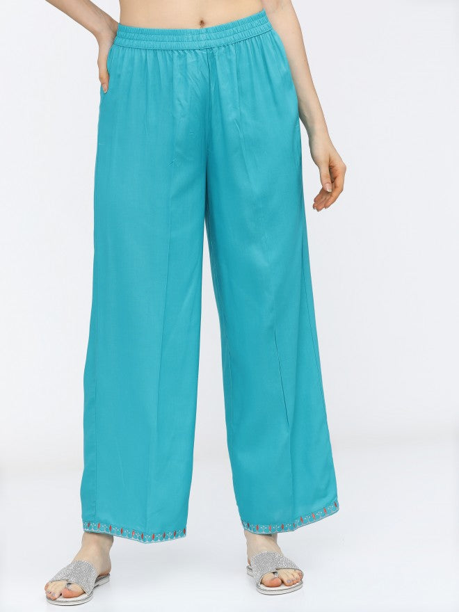 Women Turquoise Ethnic Motifs Printed Straight Kurta with Palazzo - Blue - Image 7