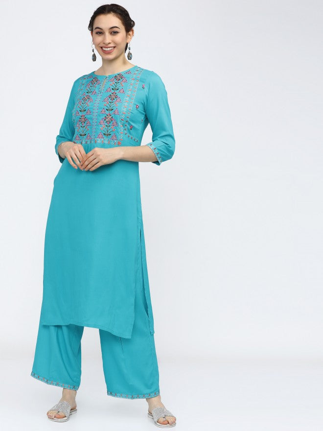Women Turquoise Ethnic Motifs Printed Straight Kurta with Palazzo - Blue - Image 8