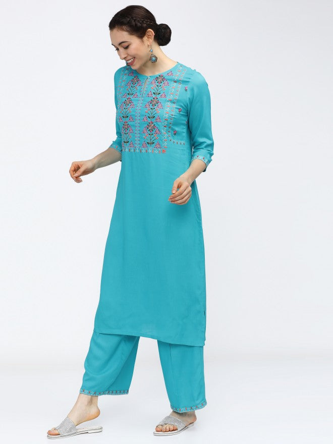 Women Turquoise Ethnic Motifs Printed Straight Kurta with Palazzo - Blue - Image 9