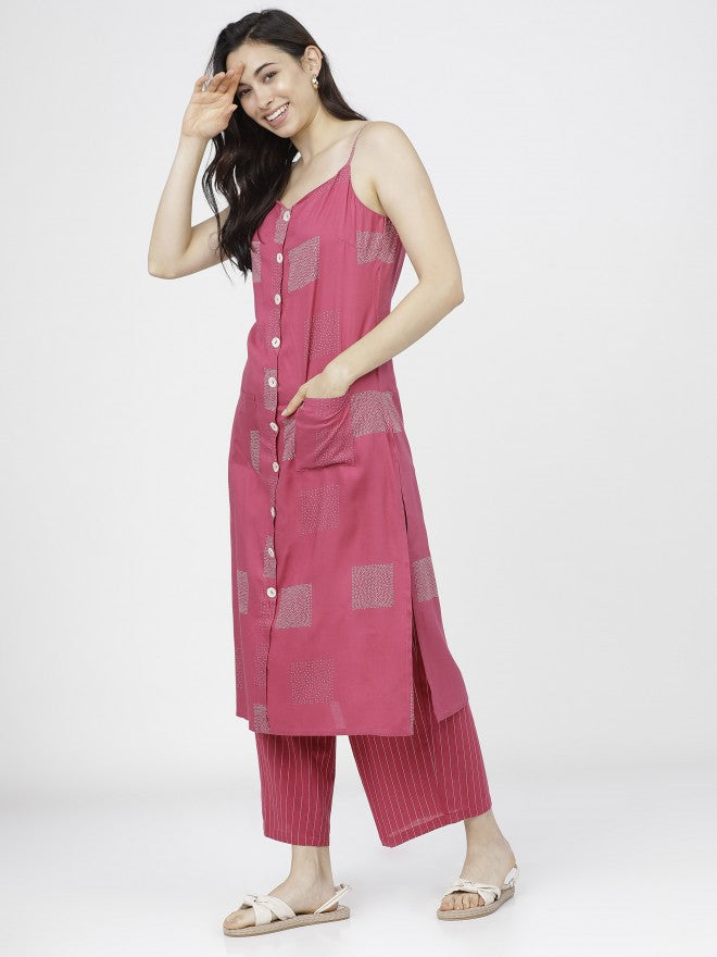 Women Pink Geometric Printed Straight Kurta with Palazzo - Pink - Image 1