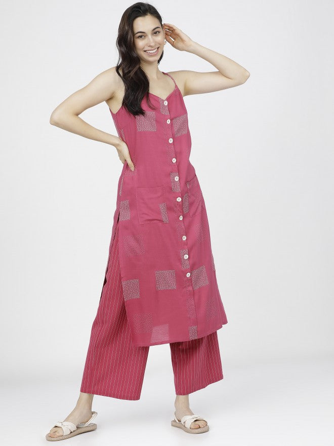 Women Pink Geometric Printed Straight Kurta with Palazzo - Pink - Image 2