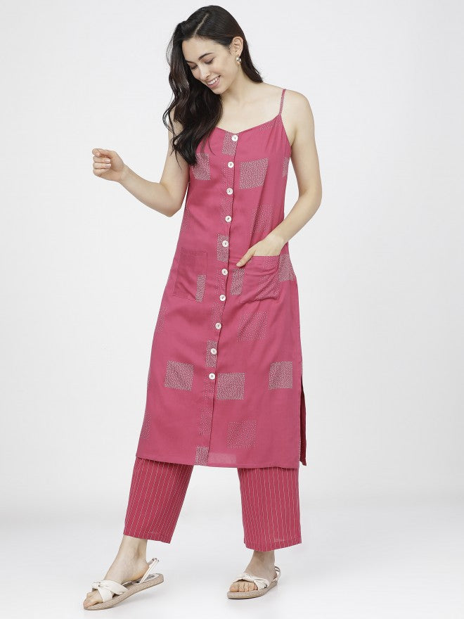 Women Pink Geometric Printed Straight Kurta with Palazzo - Pink - Image 3