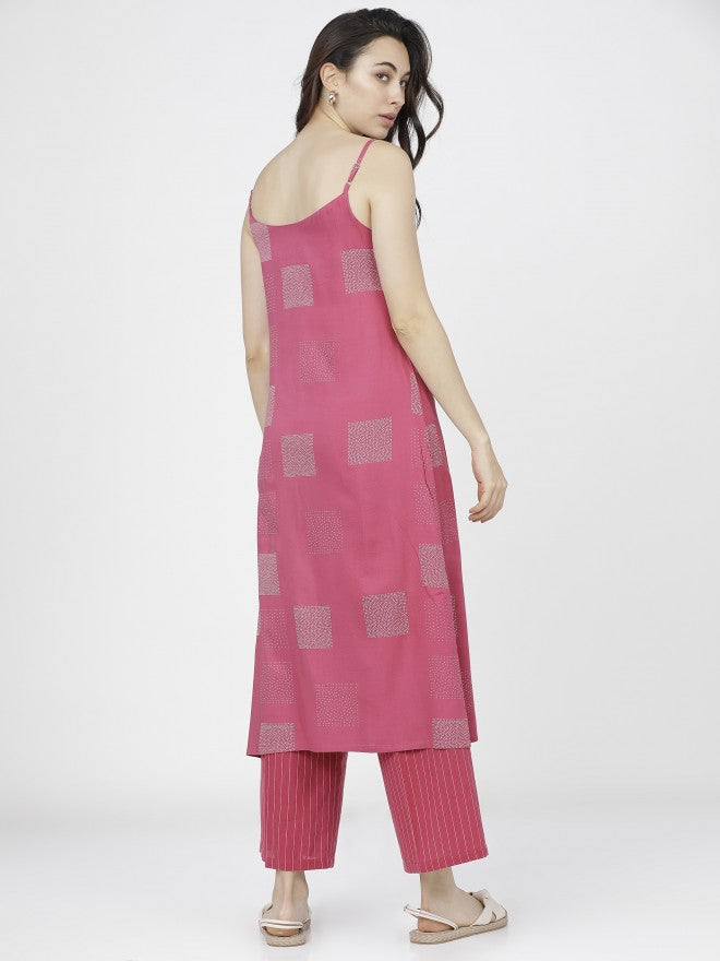Women Pink Geometric Printed Straight Kurta with Palazzo - Pink - Image 4