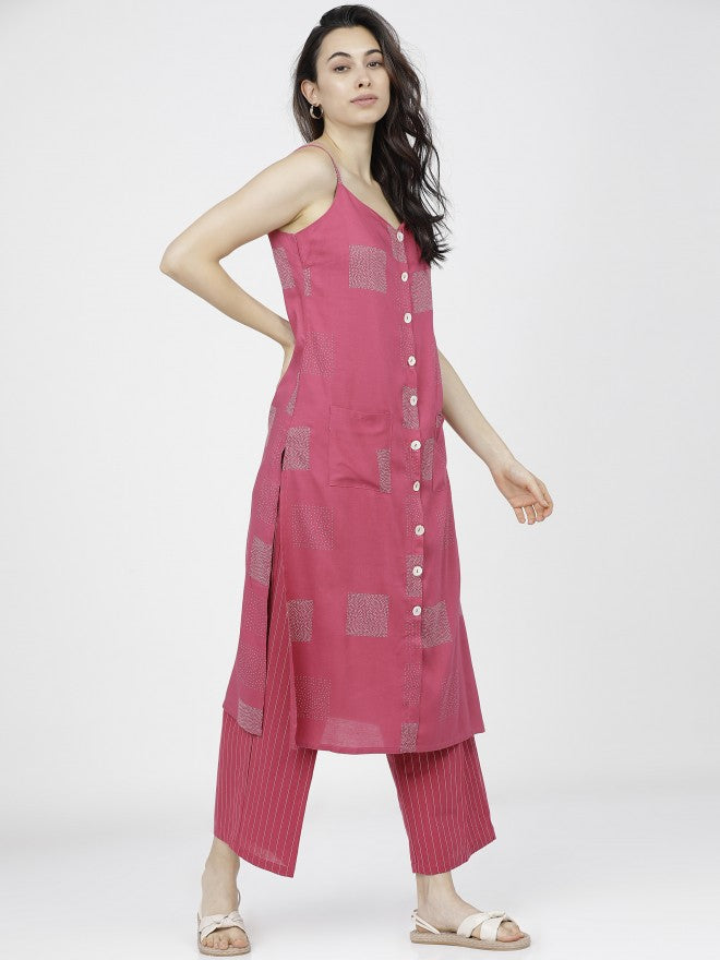 Women Pink Geometric Printed Straight Kurta with Palazzo - Pink - Image 6