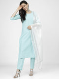 Women Aqua Silver Striped Straight Kurta with Trouser & Dupatta - Blue - Image 1