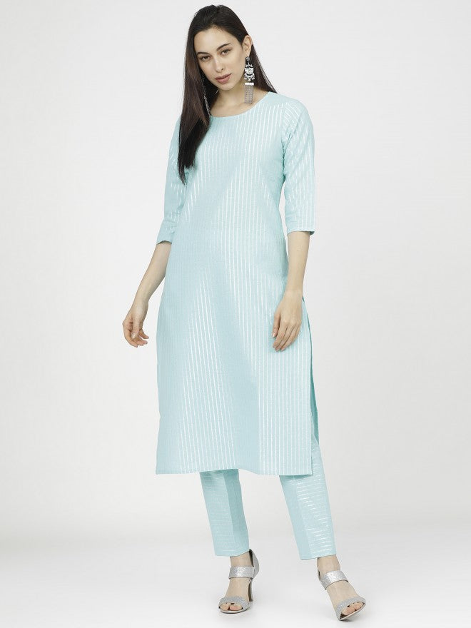 Women Aqua Silver Striped Straight Kurta with Trouser & Dupatta - Blue - Image 2