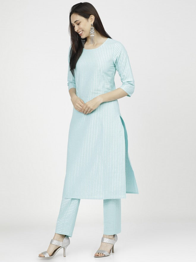 Women Aqua Silver Striped Straight Kurta with Trouser & Dupatta - Blue - Image 3