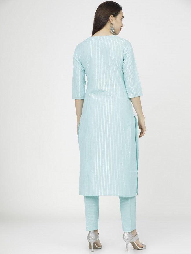 Women Aqua Silver Striped Straight Kurta with Trouser & Dupatta - Blue - Image 4