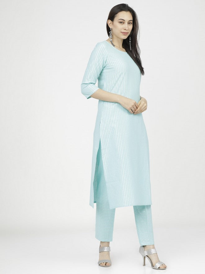 Women Aqua Silver Striped Straight Kurta with Trouser & Dupatta - Blue - Image 6