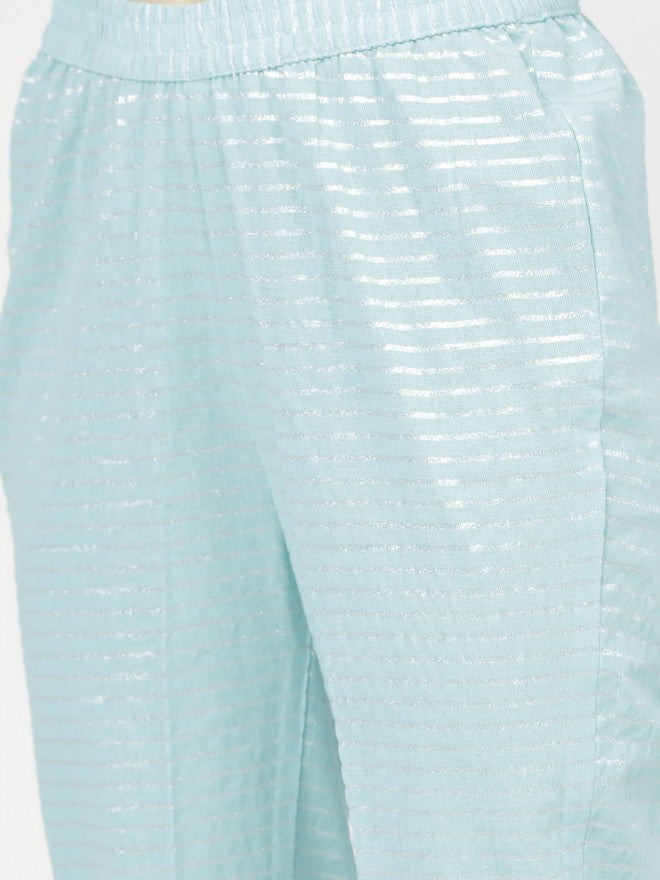 Women Aqua Silver Striped Straight Kurta with Trouser & Dupatta - Blue - Image 7