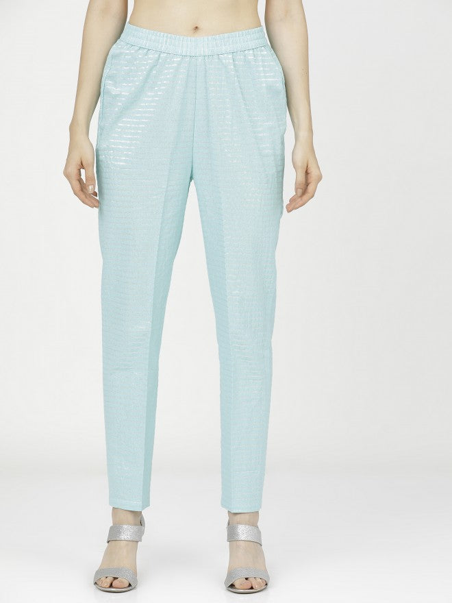 Women Aqua Silver Striped Straight Kurta with Trouser & Dupatta - Blue - Image 8