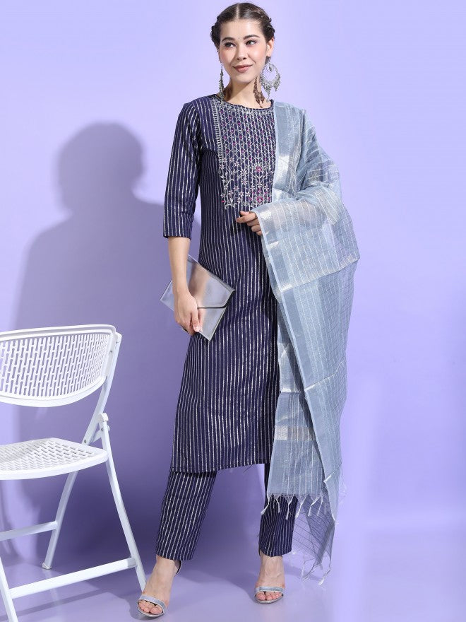 Vishudh Womens Straight Kurta With Palazzo And Dupatta - Blue - Image 1