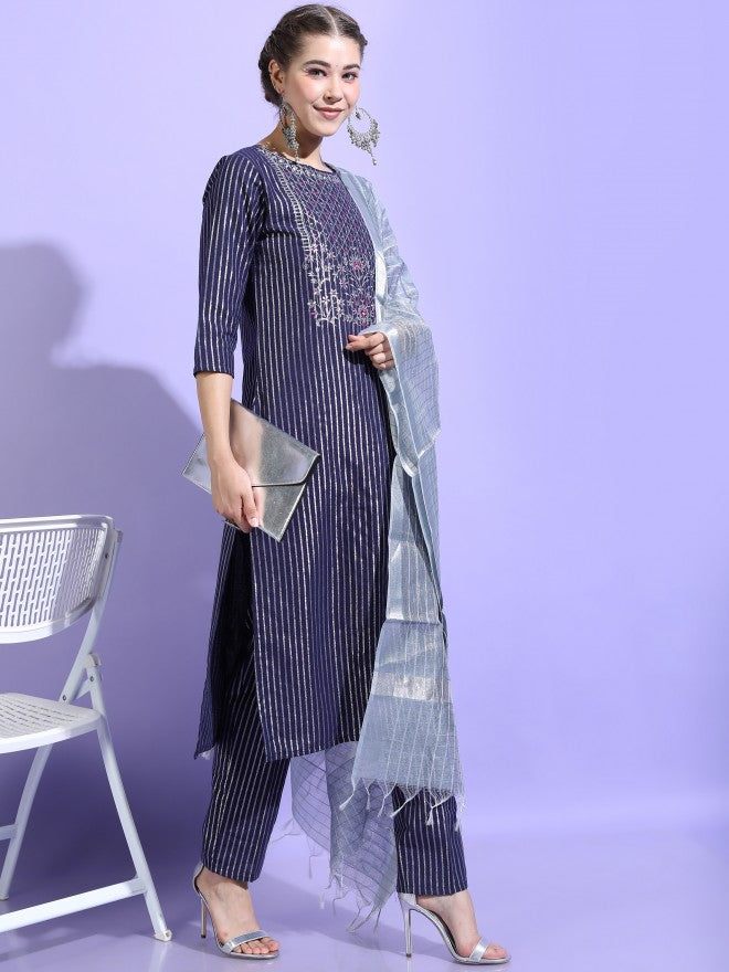 Vishudh Womens Straight Kurta With Palazzo And Dupatta - Blue - Image 2