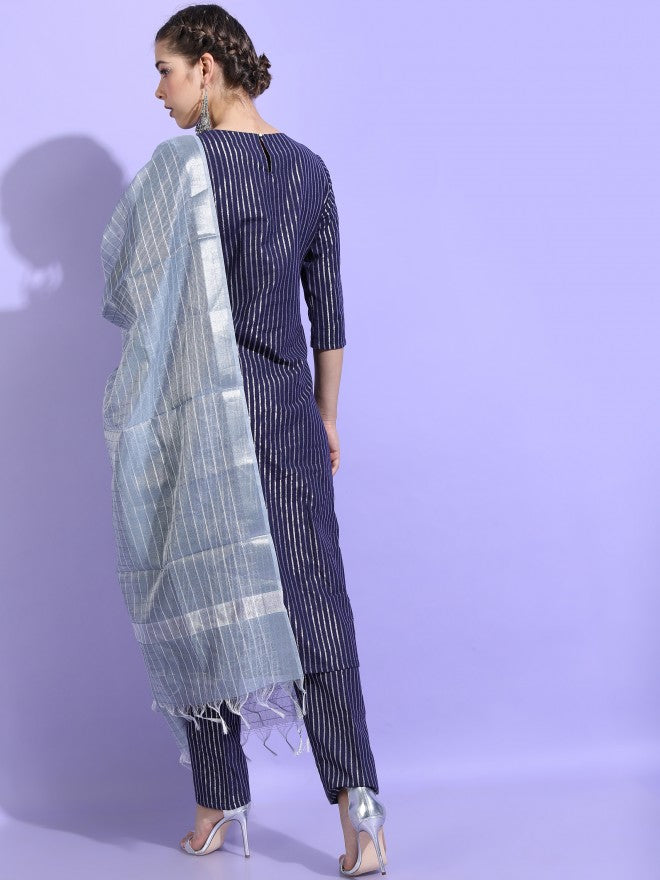 Vishudh Womens Straight Kurta With Palazzo And Dupatta - Blue - Image 3