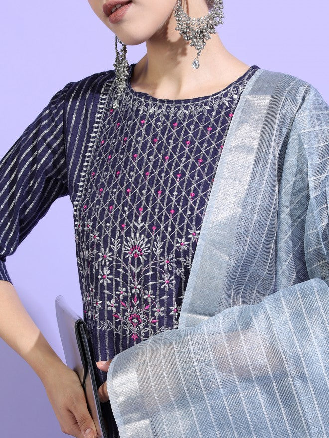 Vishudh Womens Straight Kurta With Palazzo And Dupatta - Blue - Image 4