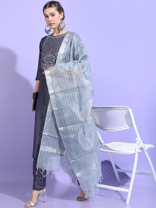 Vishudh Womens Straight Kurta With Palazzo And Dupatta - Blue - Image 5