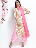 Women Off White & Pink Floral Printed Straight Kurta with Palazzo & Dupatta - Off White - Image 1