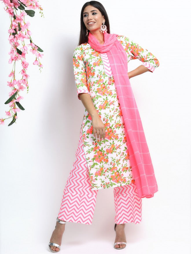 Women Off White & Pink Floral Printed Straight Kurta with Palazzo & Dupatta - Off White - Image 1