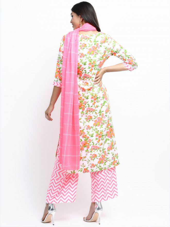 Women Off White & Pink Floral Printed Straight Kurta with Palazzo & Dupatta - Off White - Image 10